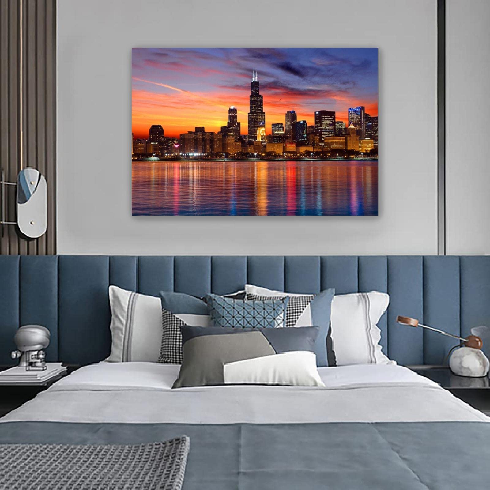 Skyline of Chicago plakat rozciągnięte i oprawione nadruki. Obraz krajobrazowy nadruk na płótnie. Gotowy do powieszenia na płótnie, sztuka ścienna, budynki, zdjęcia do salonu, dekoracja 30 x 45 cm, oprawiony