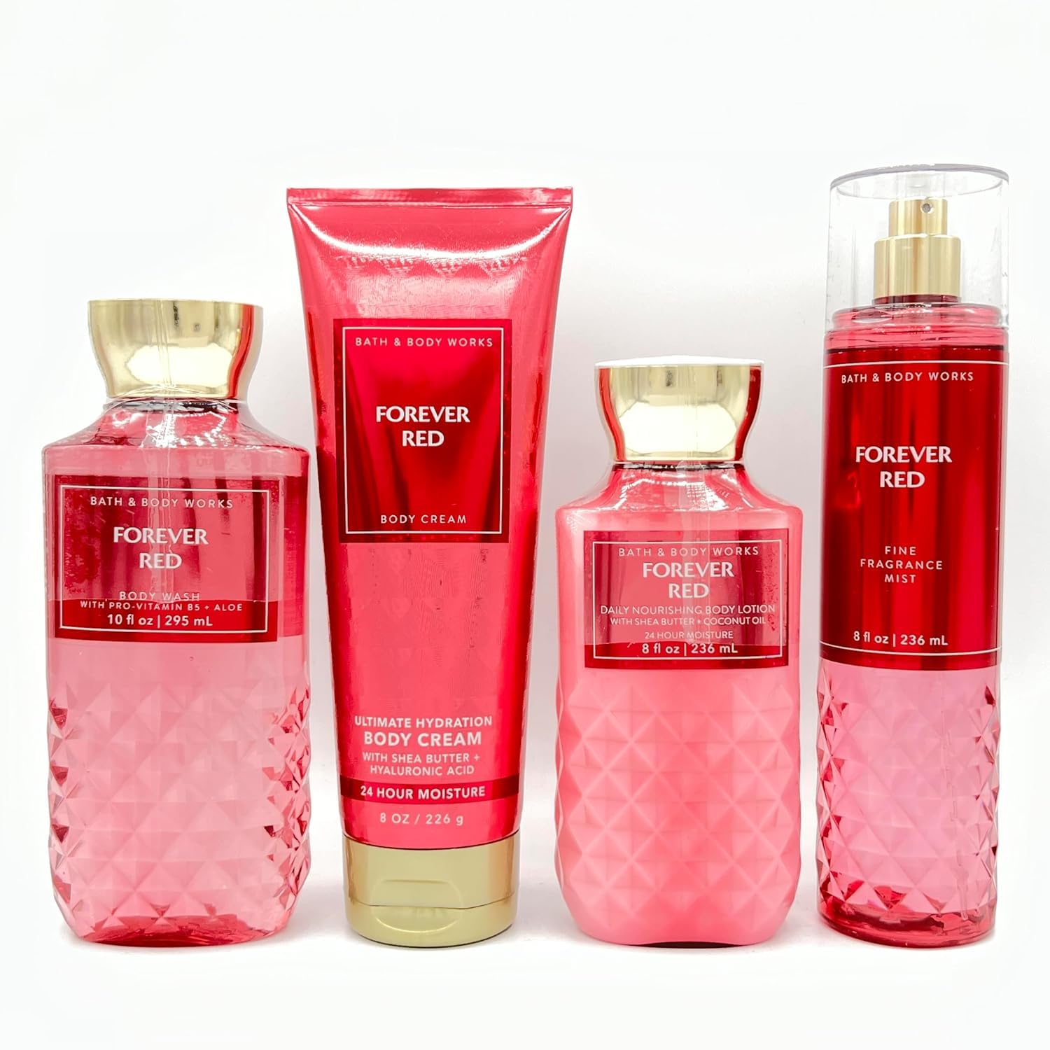 Forever Red 4-Piece Deluxe Bundle ~ Body Wash, Ultimate Hydration Body Cream, Daily Nourishing Body Lotion and Fine Fragrance Mist ( pakaging varies)