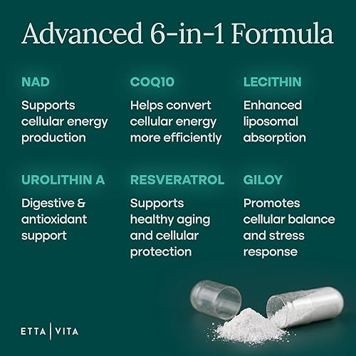 Miniatura 8 de Etta Vita Suplemento liposomal NAD+ con resveratrol, urolitina A, CoQ10 y Giloy (hecho y probado en Estados Unidos) Suplemento NAD para energía