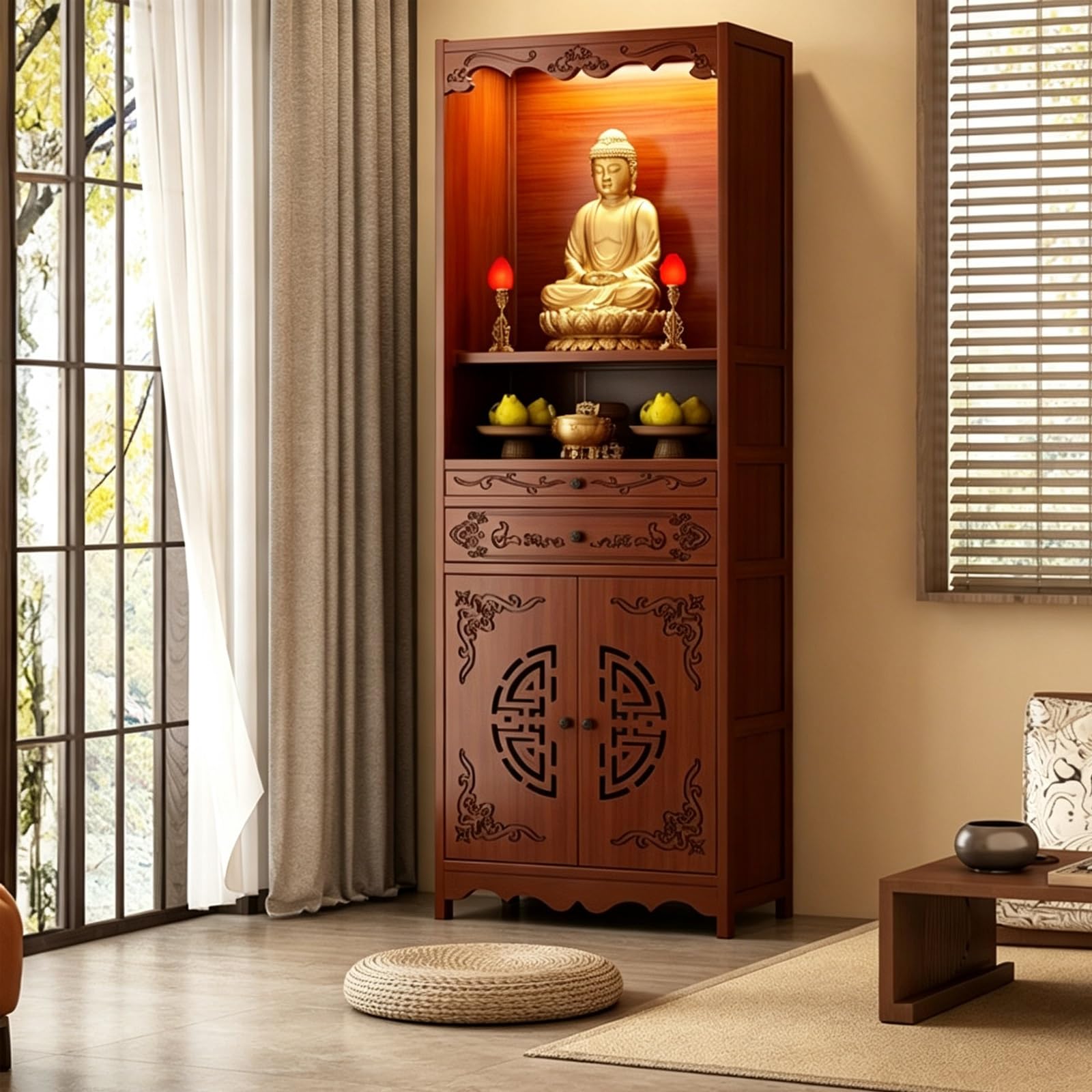 Altar Table With Storage, Personal Meditation Altar Cabinet, Buddhist Table, Bamboo Altar Cabinet，For Temples And Homes