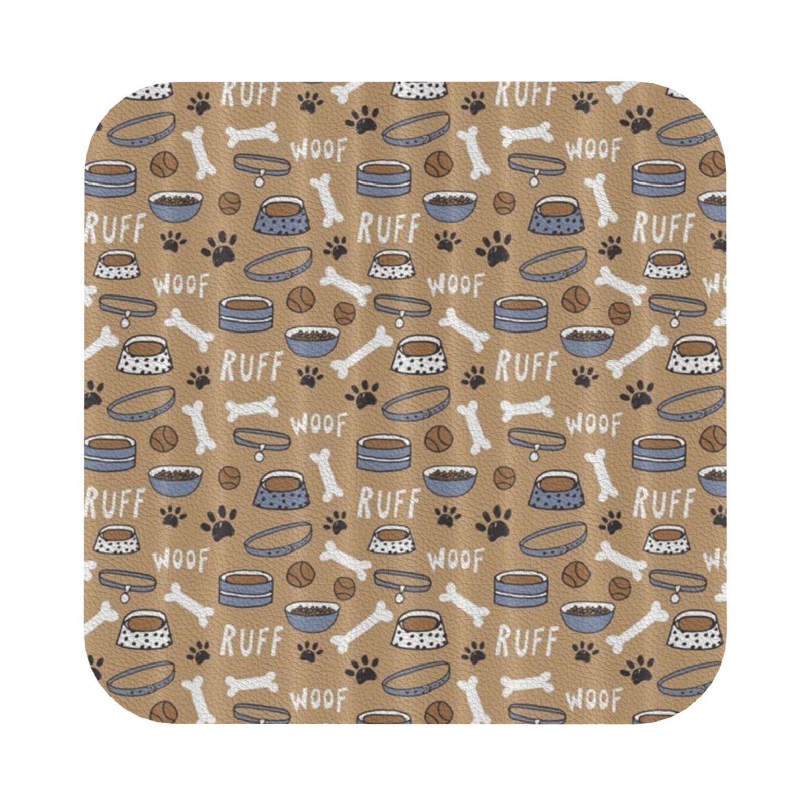 Cute Dog Bone Bowl Woof Paw PU Leather Coasters Set of 6 Square Drink Coasters