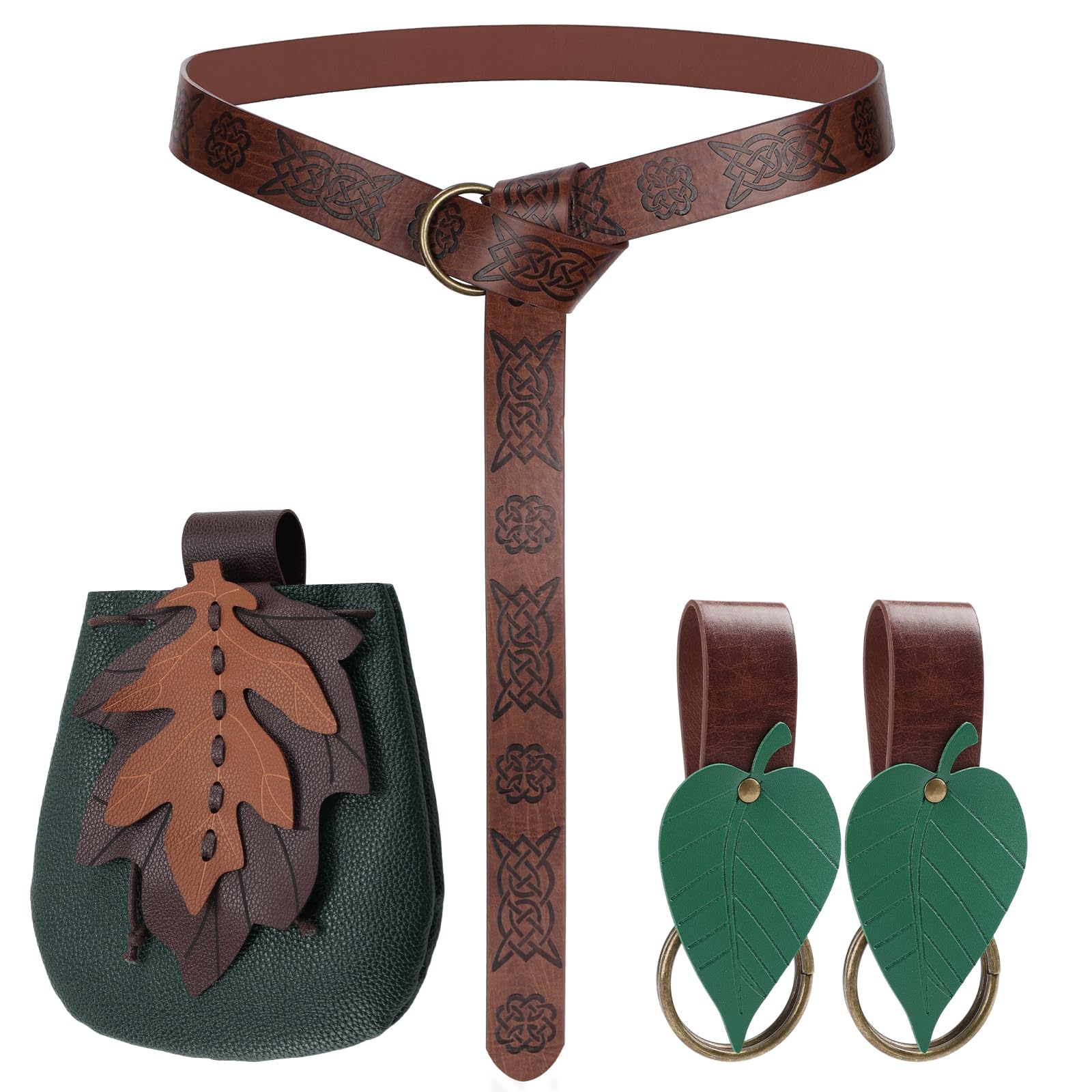 Magibag Women Renaissance Accessories Leather Belt Pouch Medieval Viking Skirt Hikes Renaissance Leaf Cosplay for Halloween, Brown Green, 64.57 inches