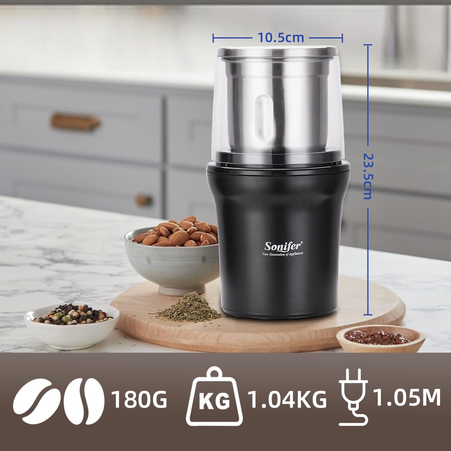 Macinino elettrico per spezie e caffè, capacità 100 g, potenza 300 Watt, contenitore in acciaio inox rimovibile, per macinare chicchi di caffè, noci, spezie, cereali ed erbe.