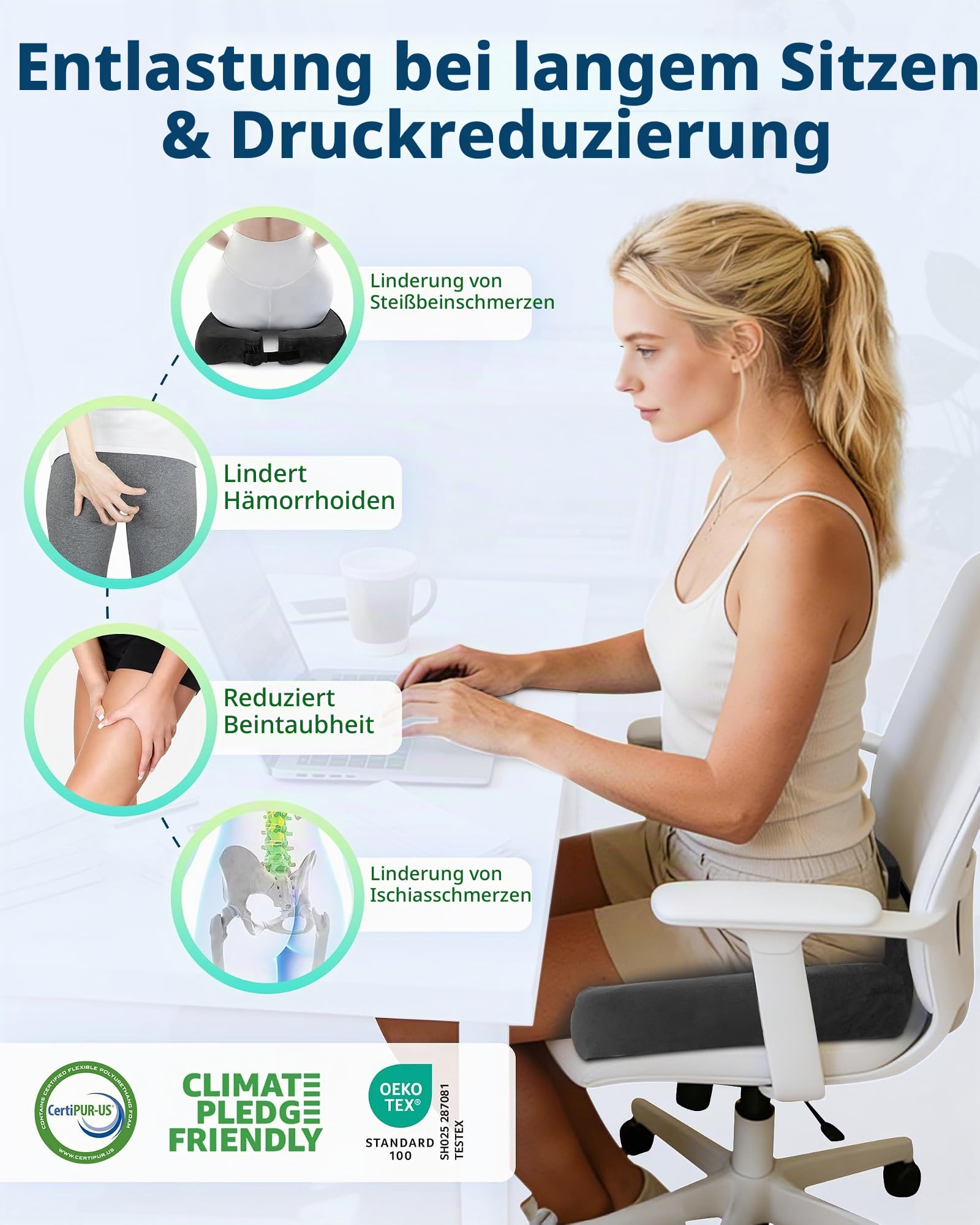 HOMCA Memory Foam Sitzkissen, Ergonomisches Hämorrhoiden Sitzkissen, Sitzpolster Steißbein Entlastung Steißbein Kissen mit Verstellbarer für Büro, Zuhause, Auto, Schwarz
