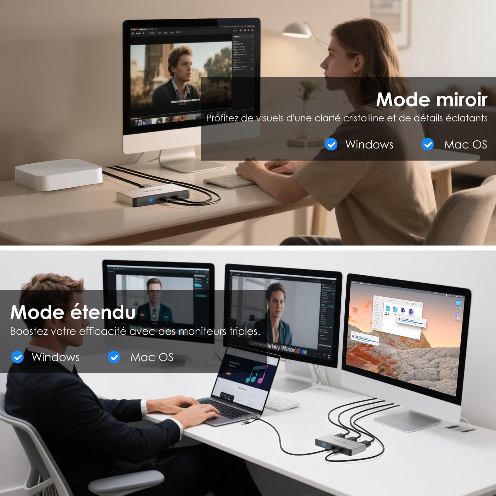 WAVLINK Station d'accueil pour 3 moniteurs, Adaptateur Triple Moniteur pour systèmes macOS Hôtes Type-C&A, 100W PD in, 3 HDMI 2 DP Disponibles,Triple 4K@60Hz,Pilote SMI et hôte USB3.2 Gen 2 requis