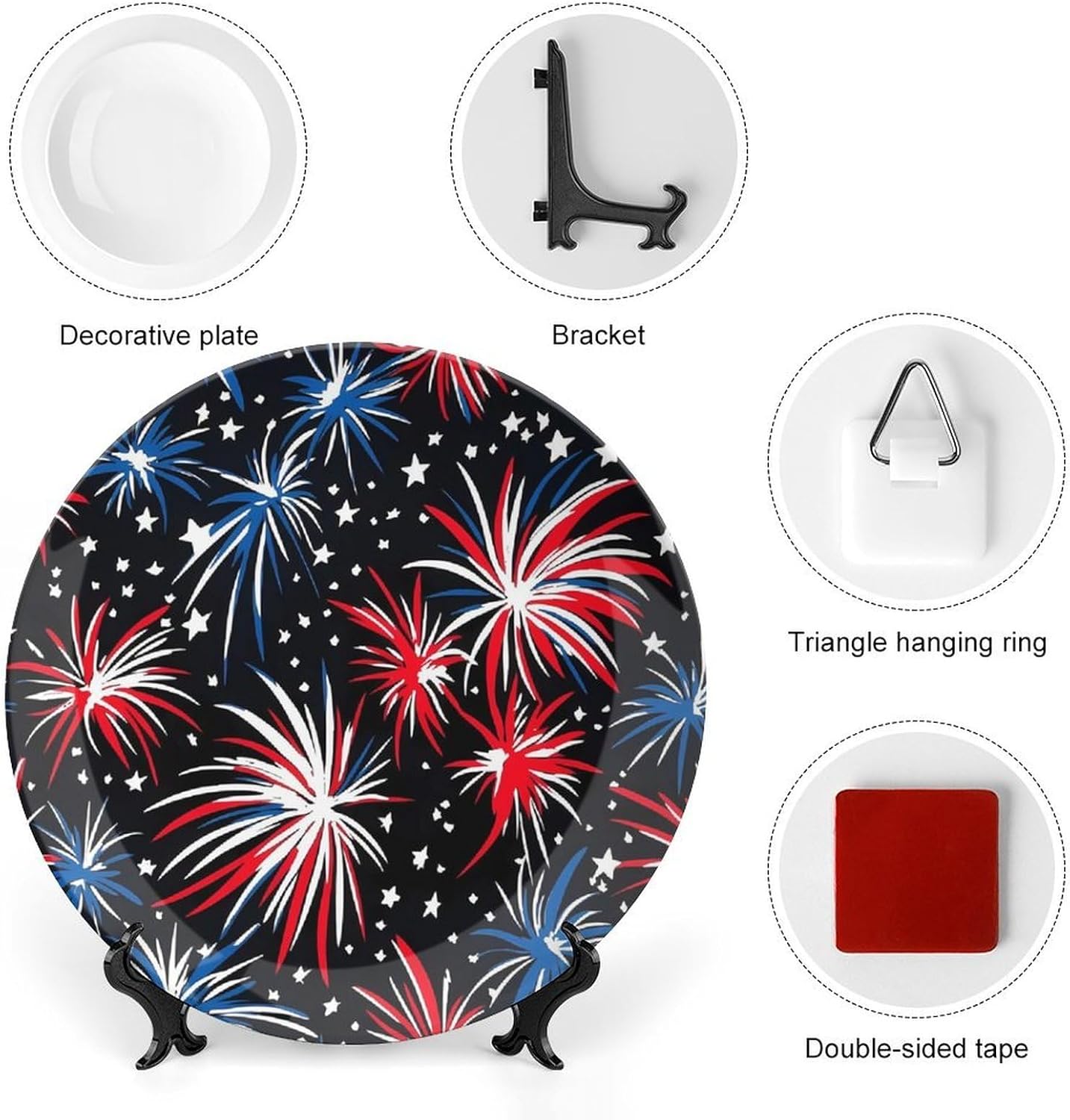 United States Fireworks 4th of July Decorative Plates for Display Ceramic Plate Tray with Stand Hanger Home Decor