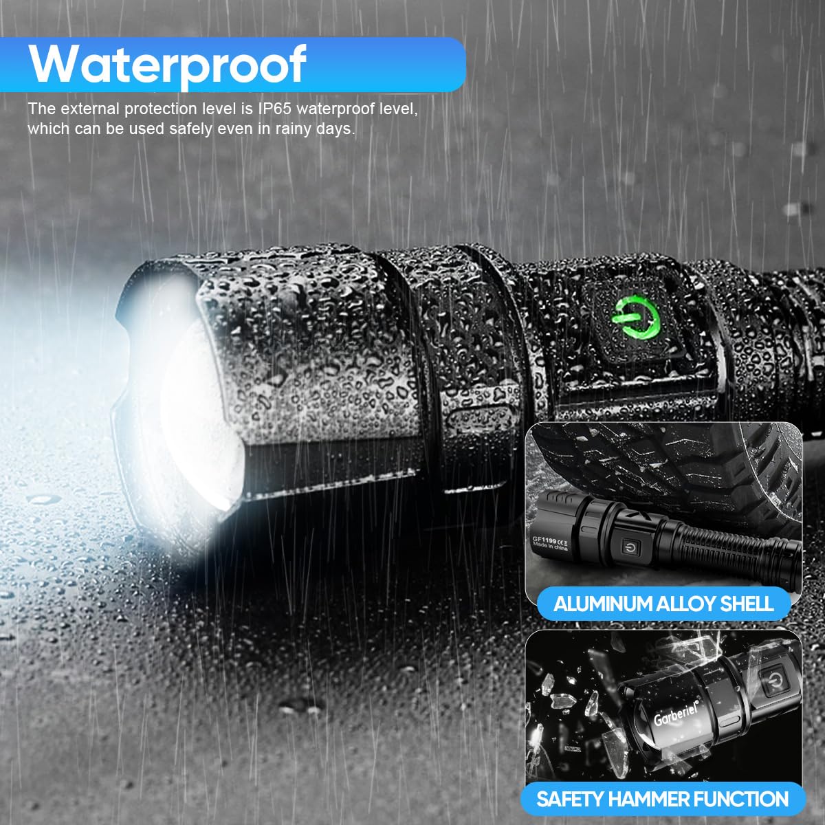 NAKCNM Linterna LED recargable, linterna LED extremadamente luminosa, 10.000 lúmenes, alimentada por batería, 5 modos de fuego, ajustable, impermeable, para camping, excursiones y emergencias