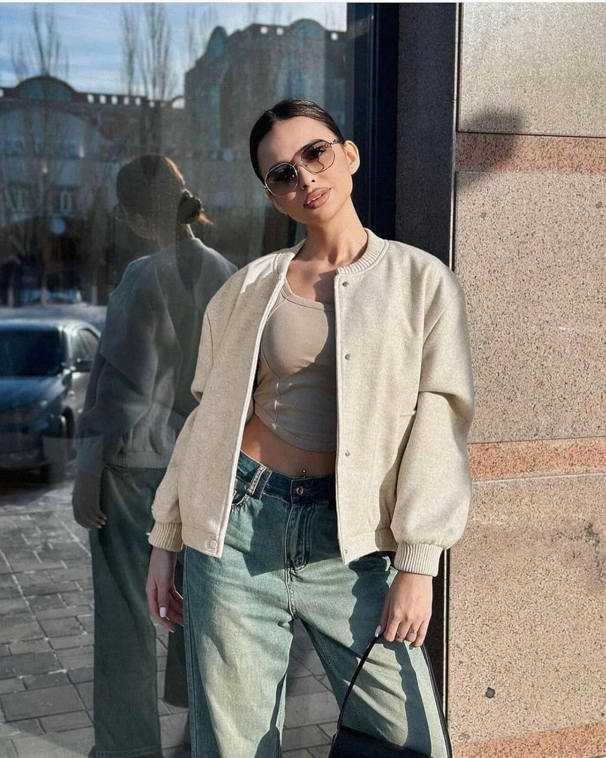 Tankaneo Womens Cropped Bomber Jacket Wool Blend Varsity Short Pea Coats Long Sleeve Button Down Winter Casual Outerwear - Image 4