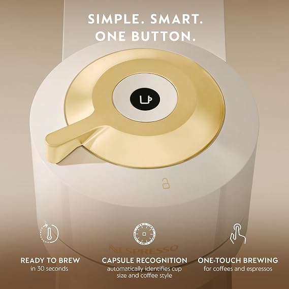 Nespresso Vertuo Next Coffee and Espresso Maker by De'Longhi, Creamy White and Gold | Creamy white and gold coffee machine with slim, sustainable design. Brews 6 cup sizes, espresso to 18 oz., topped with crema.