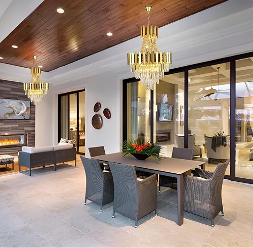 Miniatura 2 de Afficat Candelabro de cristal dorado de lujo, 3 niveles con forma de gota de lluvia K9 para comedor, estilo emperador, lámpara de techo colgante