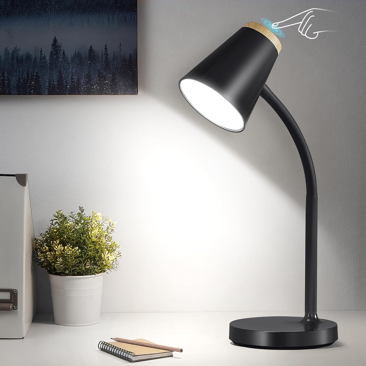 EJIAXIN Lámpara de escritorio para dormitorio universitario – Pequeña lámpara de escritorio LED táctil regulable luz de lectura para oficina en casa – Lámpara de mesa de cuello de cisne flexible ajustable para mesita de noche dormitorio negro