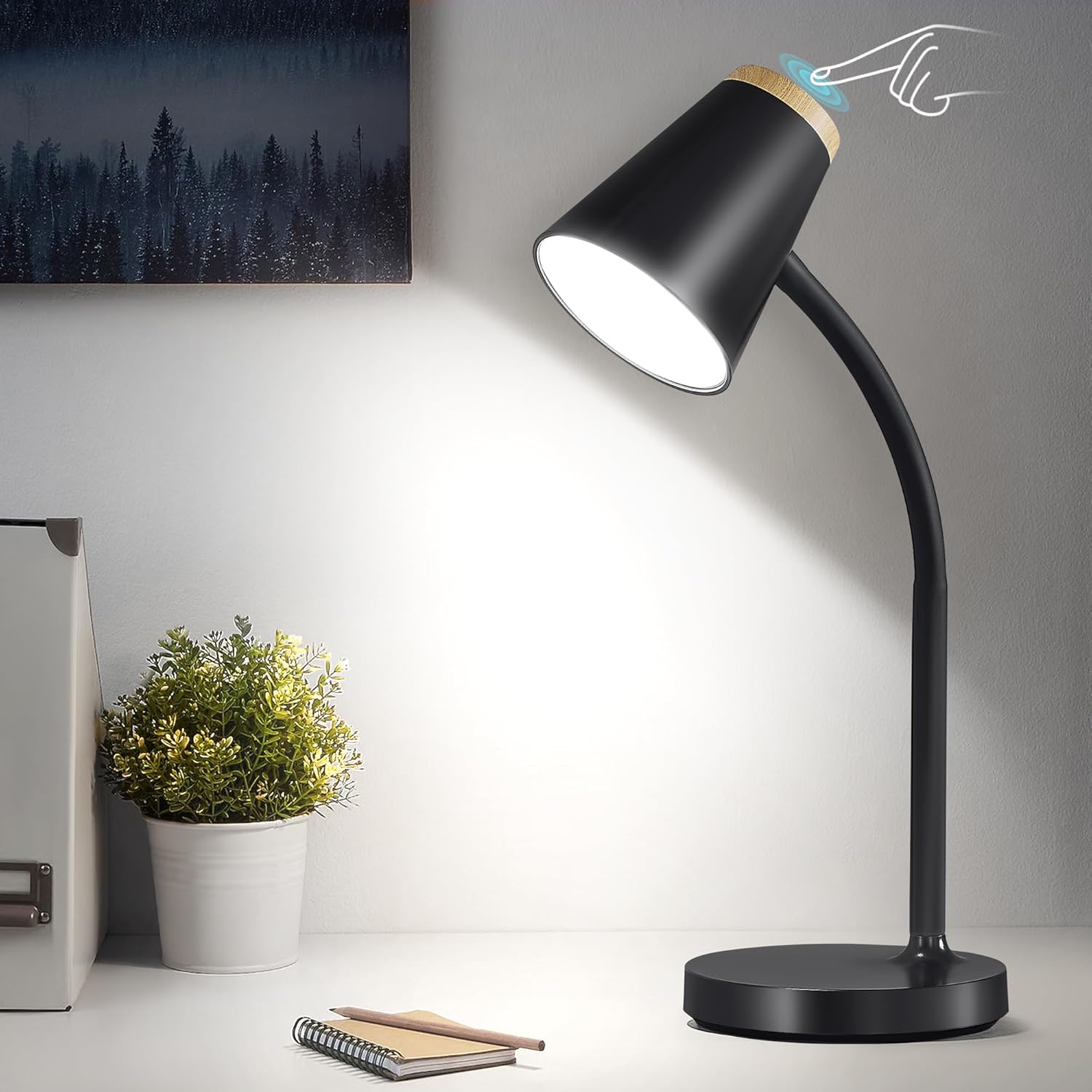 EJIAXIN Desk Lamp for College Dorm Room - Small LED Desk Lamp Touch Dimmable Reading Light for Home Office - Adjustable Flexible Gooseneck Table Lamp for Bedside Bedroom Nightstand Black