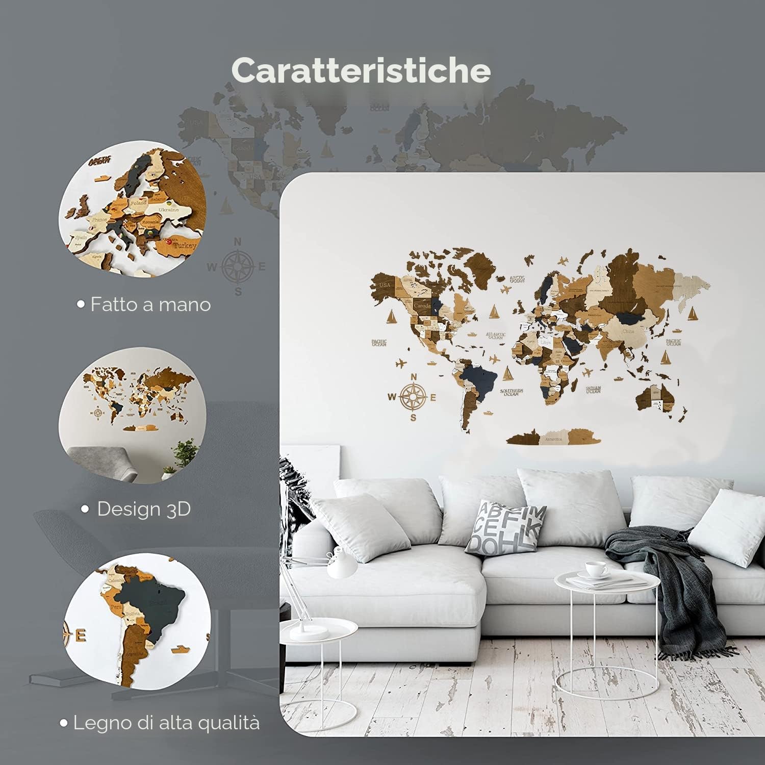 WoodLeo Mappa del mondo in legno,grande decorazione da parete in 3D,dimensioni (M & L & XL),idea regalo per ogni occasione,decorazione da parete per casa,cucina o ufficio