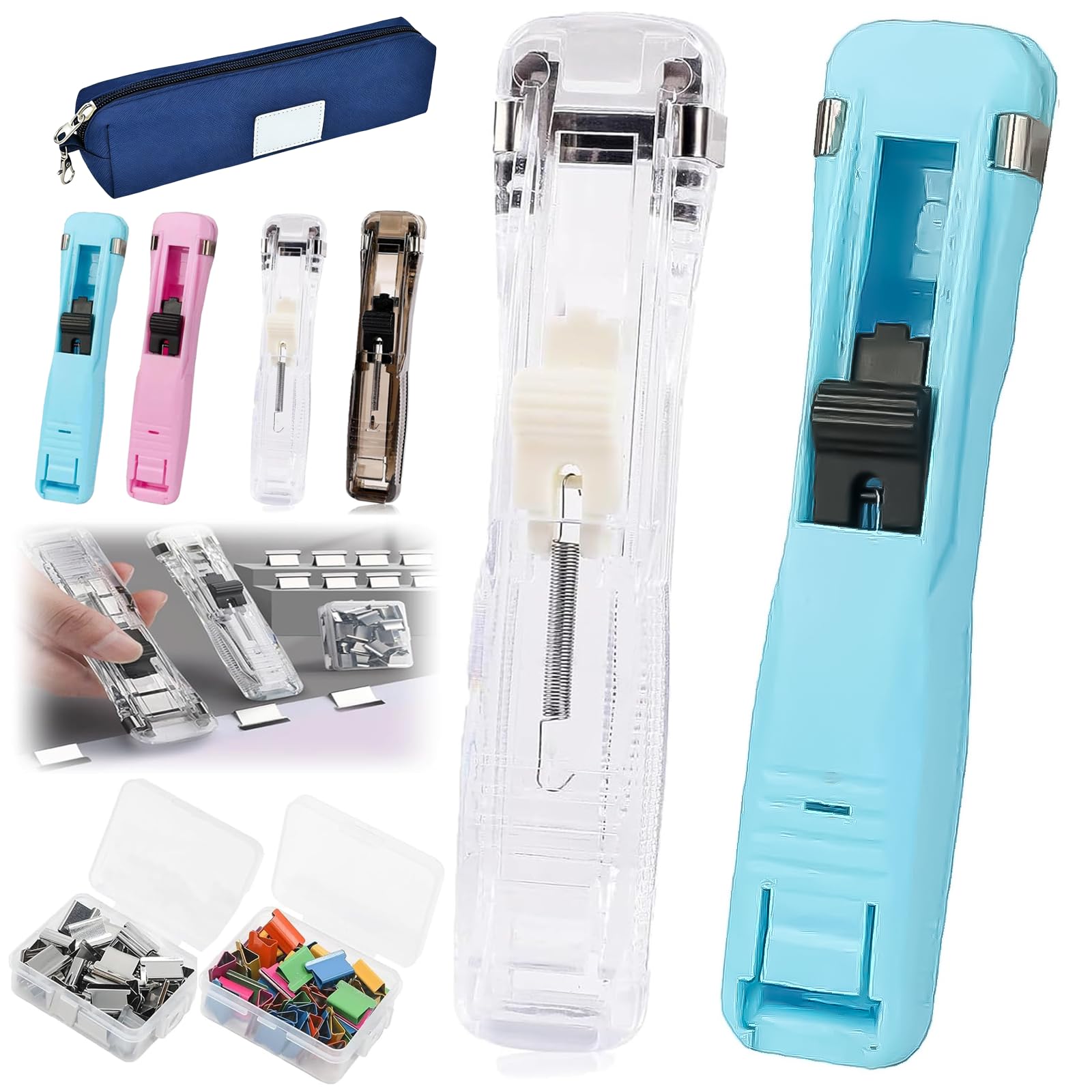 Portable Binder Clip Stapler - Includes 100 Reusable Clips, Handheld Paper Clam Clip Dispenser, Mini Push Stapler Clamp Staplers, Refillable Office Staplers Set, for Fixing Documents (E)