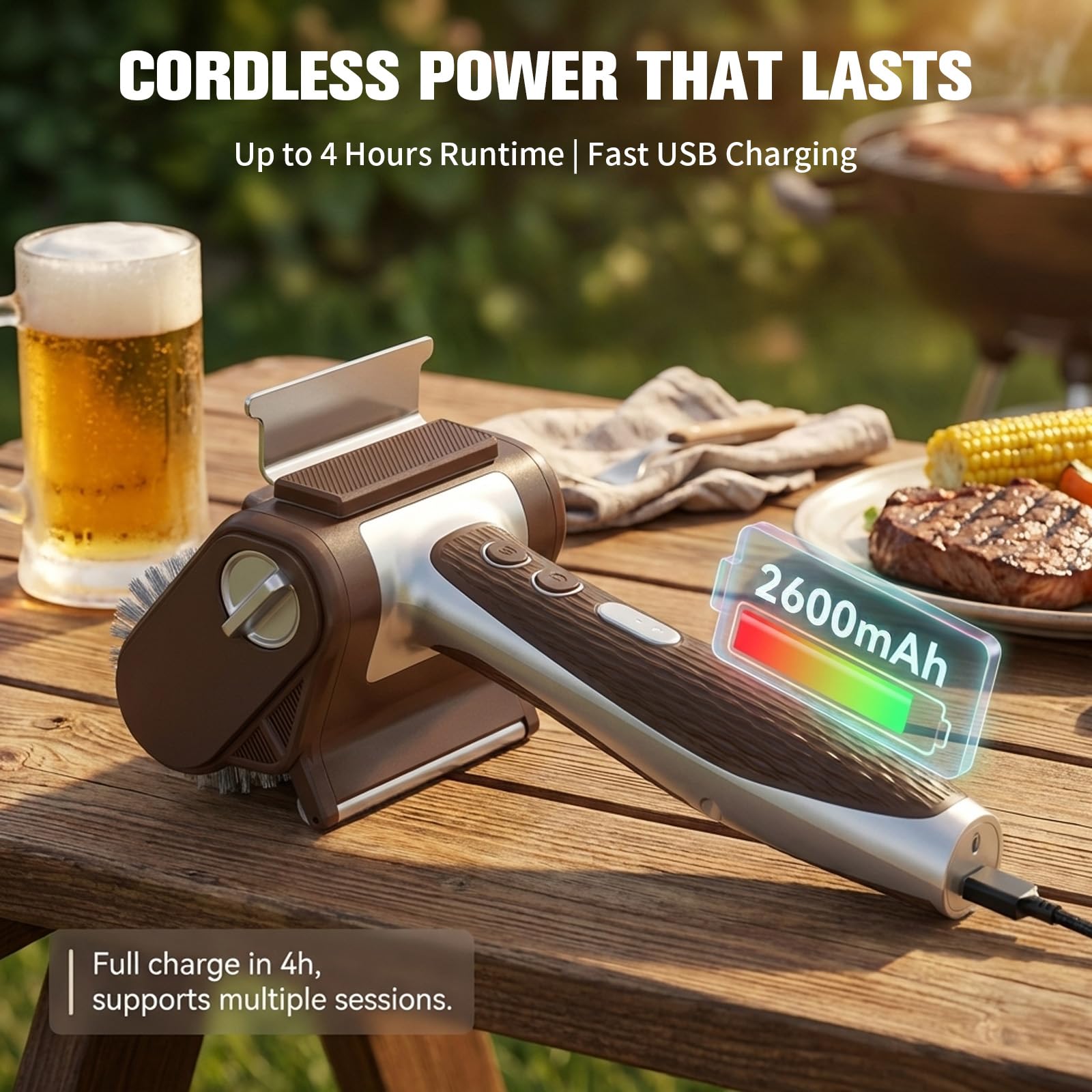 Nettoyeur électrique pour barbecue - Sans brosse - Avec lumière LED - En acier inoxydable 304 - 350 tr/min - Accessoire de barbecue - Convient pour tous les barbecues