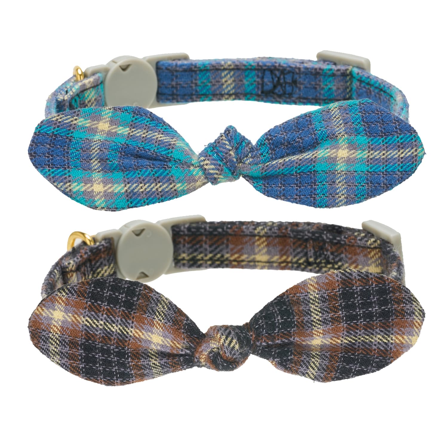 2 Pack Cat Collars Cotton Handtie Bunny Bow,Quick Release Safty Buckle,Soft and Comfy Cotton Material in Brown and Teal Plaid Designs