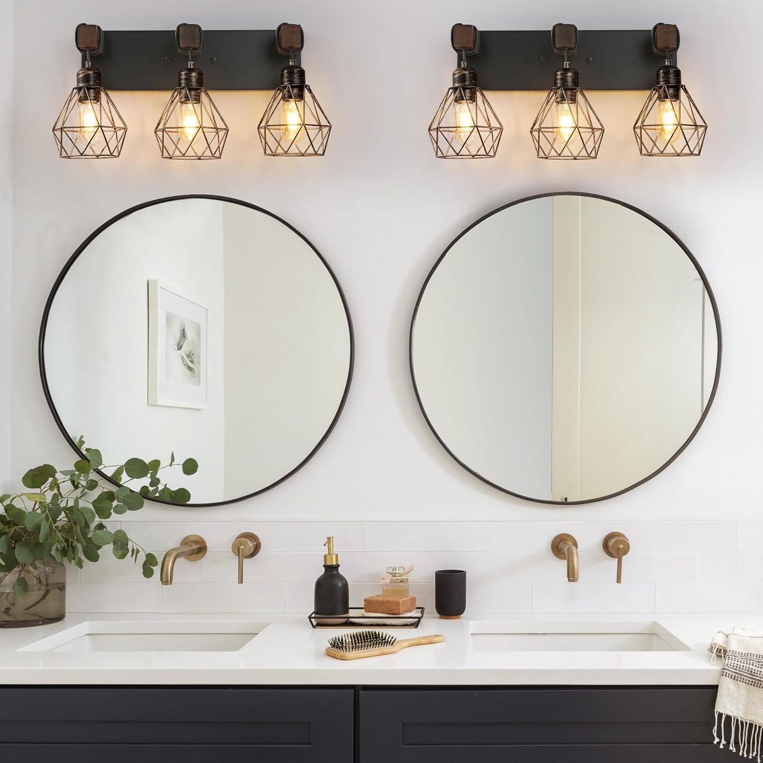Farmhouse Bathroom Vanity Light Fixtures, 3-Light Black Gold Bathroom Light Fixtures Over Mirror, Rustic Wood Sconces Wall Lighting with Elegant Metal Lampshade for Living Room, Bedroom, Hallway