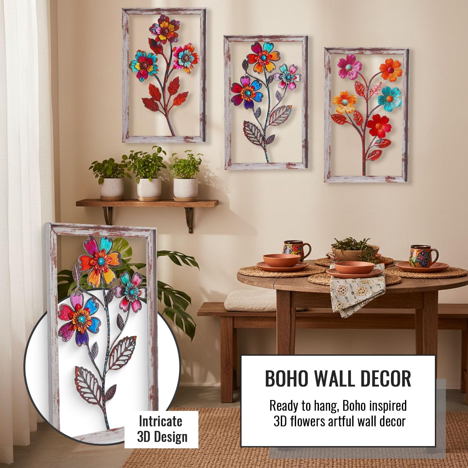 3 Pieces Metal Flowers Wall Art, 3D Boho Flower Wall Decor, Rustic Flower Wall Decor Boho Floral Bathroom Decor Metal Wall Art for Living room,Bedroom,Bathroom and Dining Room, Housewarming Gift
