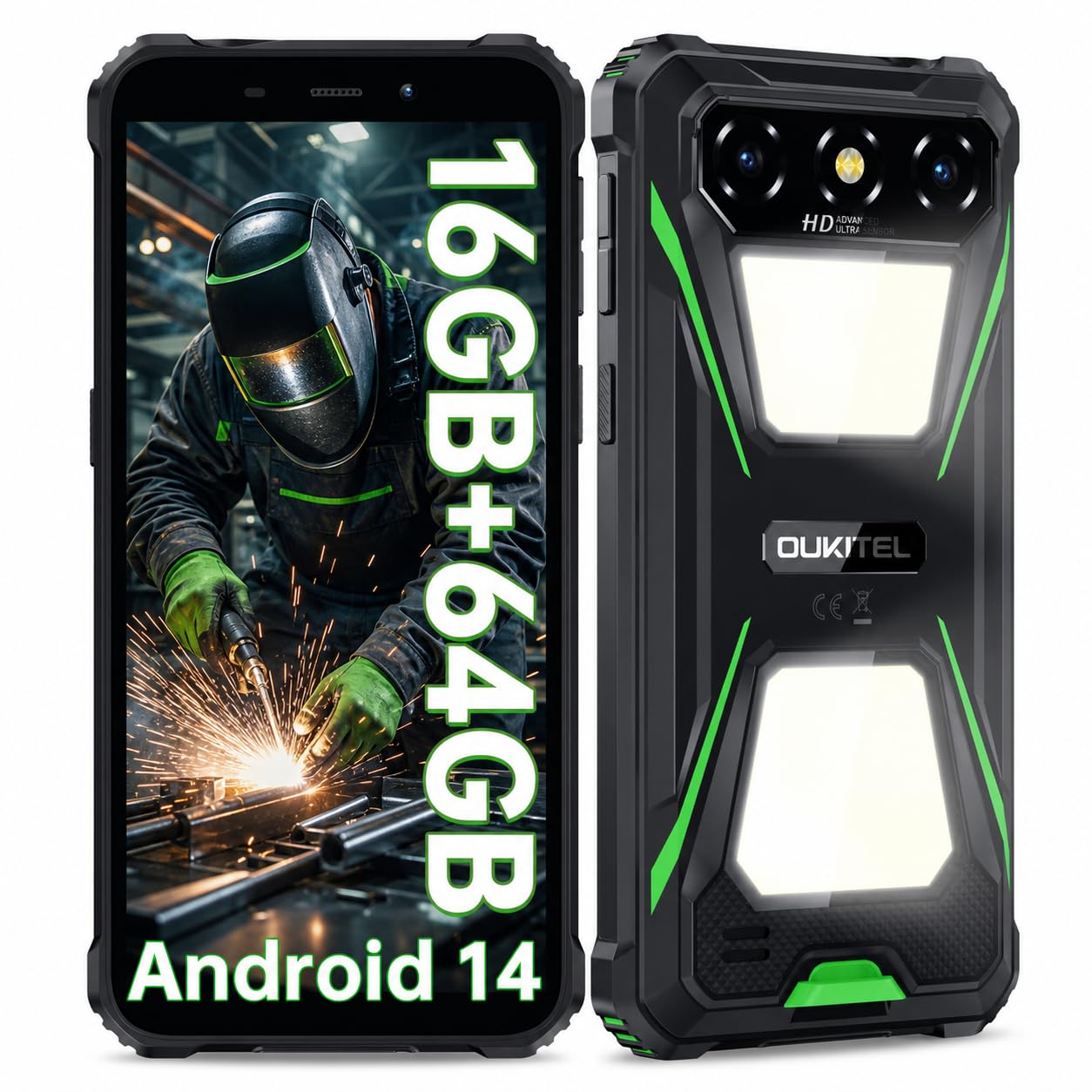 G5 Rugged Phone Unlocked - 16GB+64GB (1TB TF) Rugged Android Smartphone with Camping Light, 6300mAh Battery, 6.0" HD Screen Mobile Phones, 13MP Main Camera, 3.5mm Jack/Face ID/GPS/OTG, Green
