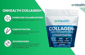 onHealth Multi Collagen Peptide Powder Types I, II, III, V & X Complete Protein with All 9 Essential Amino Acids Biotin, Hyaluronic Acid & Vitamin C Unflavored, EasyMix Collagen for Women & Men