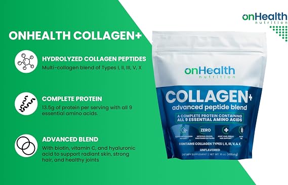 onHealth Multi Collagen Peptide Powder Types I, II, III, V & X Complete Protein with All 9 Essential Amino Acids Biotin, Hyaluronic Acid & Vitamin C Unflavored, EasyMix Collagen for Women & Men