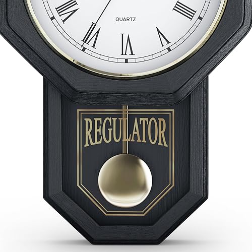 Miniatura 7 de Reloj de pared de péndulo negro, reloj regulador de madera real, silencioso, sin timbre y funciona con pilas, diseño decorativo de casa escolar de