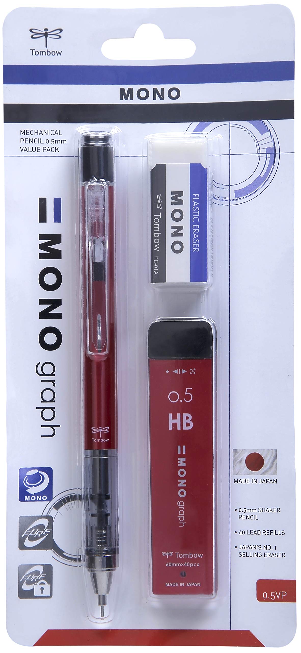 Tombow Mono Graph Mechanical Pencil 0.5mm Value Pack, 1 Mechanical Pencil+1 Tube of 40 HB Leads+1 Mono Eraser, (Pink)