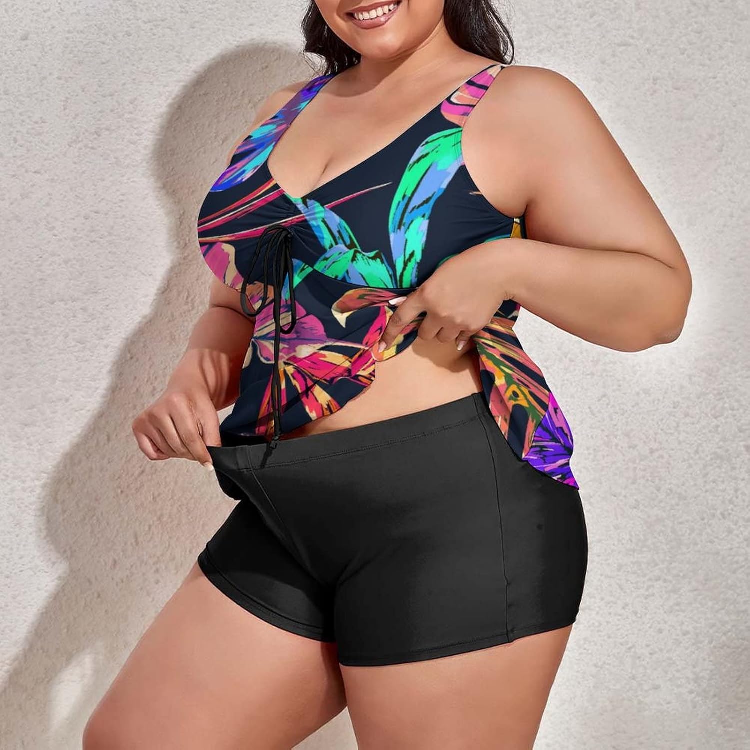 Two Piece Plus Size Tankini Swimsuit for Women Summer Colorful Hawaiian Tropical Plants Palm Leaf Bathing Suits with Top/Boyshorts Jungle Palm Leaves Tummy Control Swimwear