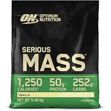 optimum nutrition serious mass protein powder high calorie mass gainer with vitamins creatine and glutamine vanilla 16 servings 5.45kg packaging may vary