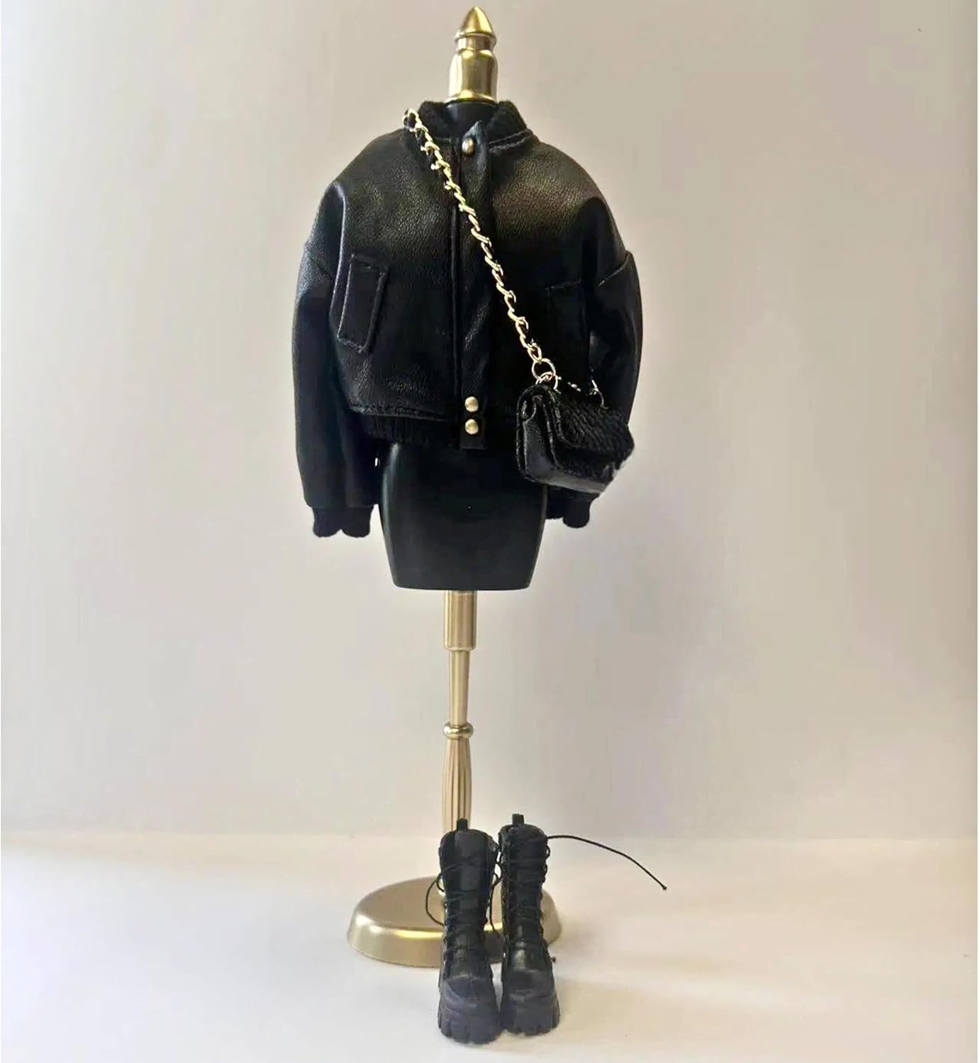 Black Fashion Doll Outfit Set, Bomber Jacket with Combat Boots and Chain Bag, for 11.5-12 inch Dolls, 1/6 BJD Action Figures