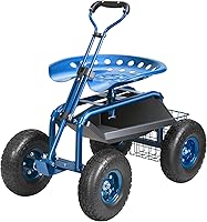 VEVOR Rolling Garden Cart with 360° Swivel Seat, Adjustable Steering Handle, Tool Tray & 10" Inflatable Tires - Blue Gardening Stool for Yard Work