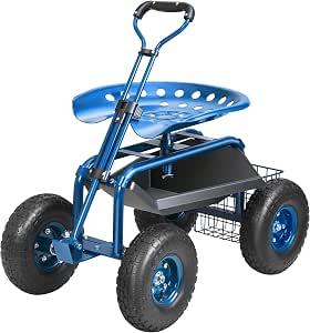 VEVOR Garden Cart Rolling Workseat with Wheels, Gardening Stool for Planting, 360 Degree Swivel Seat, Wagon Scooter with Steering Handle & Utility Tool Tray, Blue