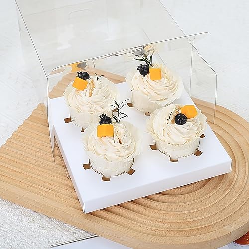 Miniatura 5 de Cedilis Paquete de 20 cajas transparentes para cupcakes con cinta de regalo, 4 recipientes de plástico para cupcakes, soporte para cupcakes para