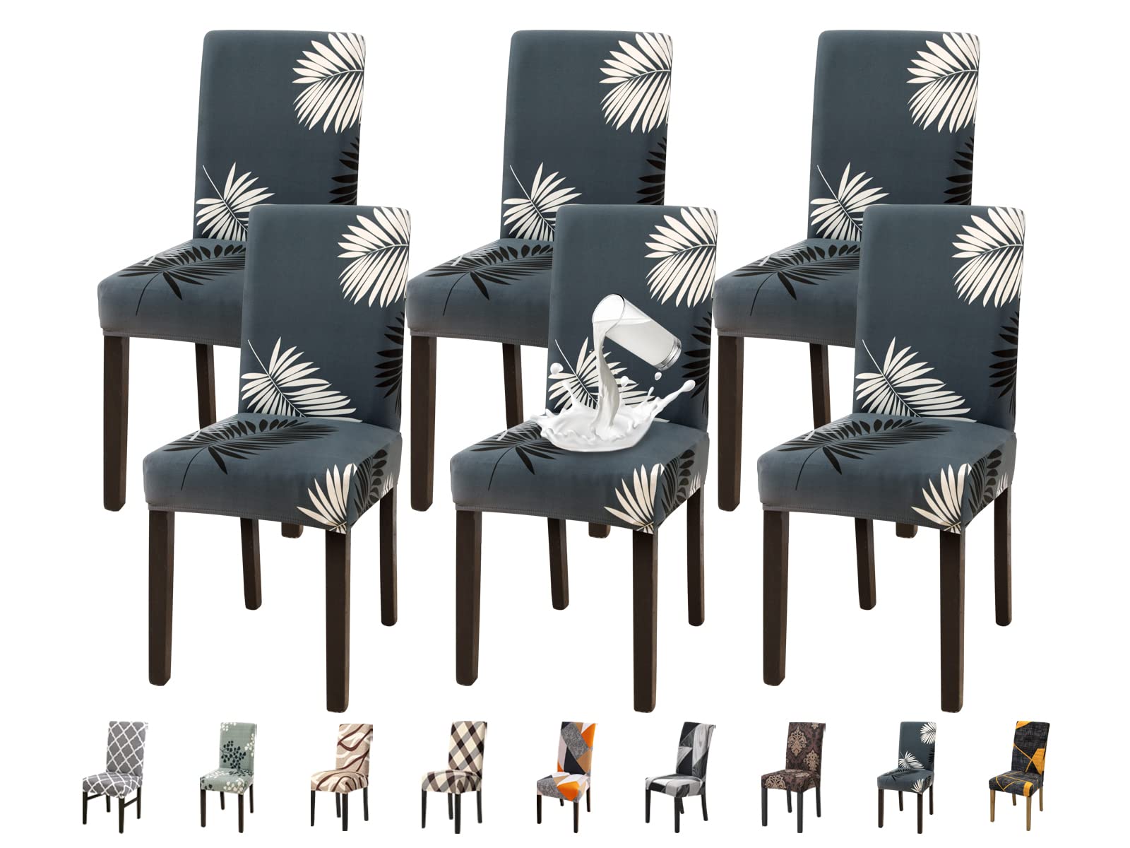 Jaotto Coprisedie con Schienale Impermeabile 6 Pezzi, Fodere Coprisedia Elasticizzati con Schienale per Sala da Pranzo, Moderna Vestisedia Lavabile Estraibile per Cucina Casa(Foglie Nere,6 Pezzi)