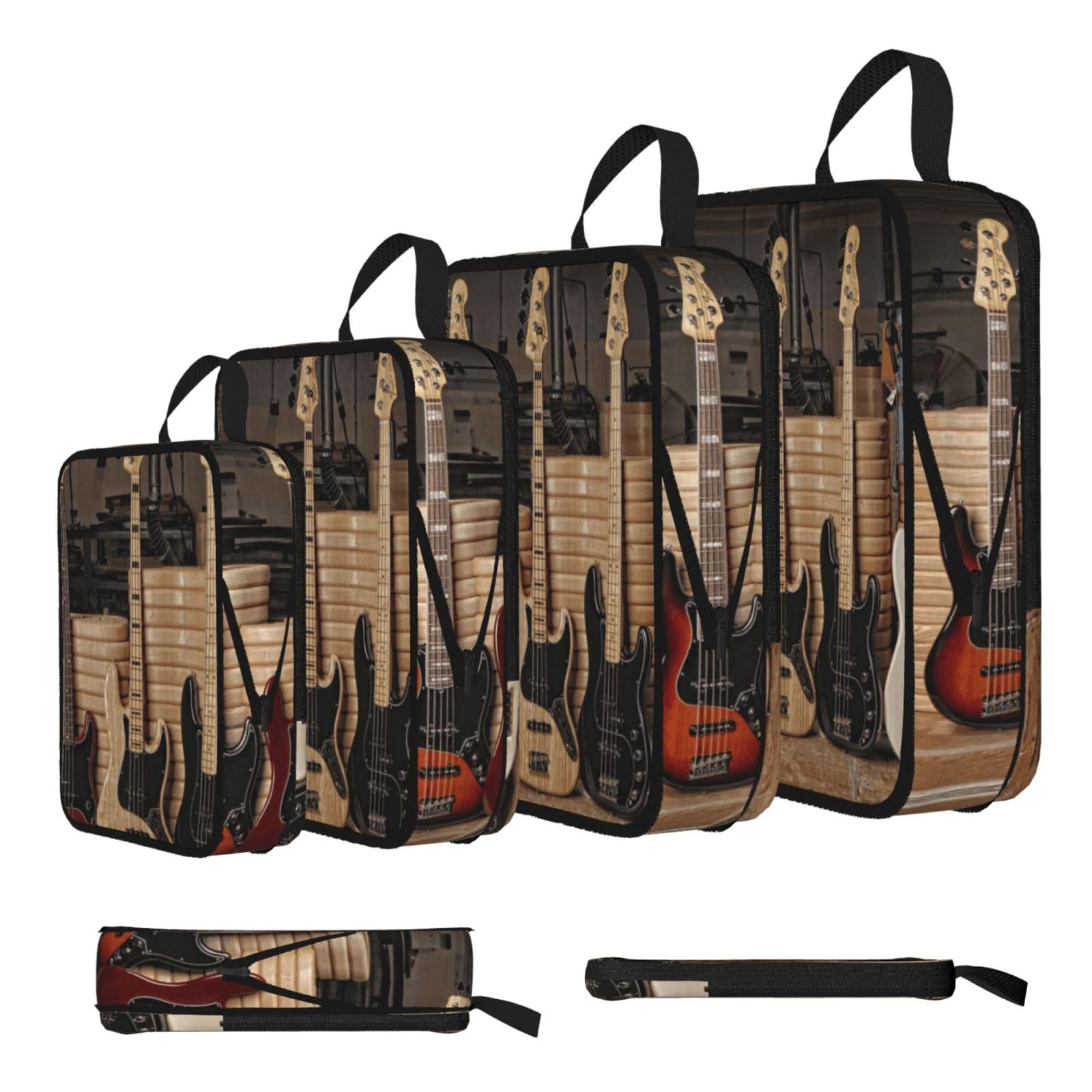 Guitar Bass Music Musical Instruments Print 4 Set Compression Packing Cubes For Suitcases,Expandable Storage Bags Organizers