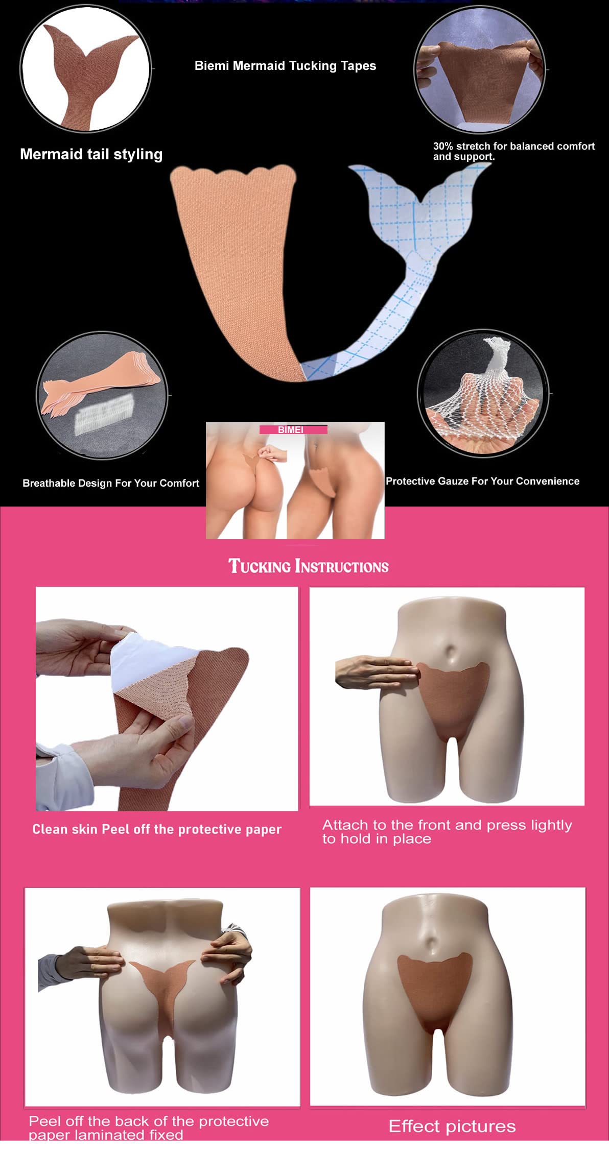 BIMEI Mermaid Tucking Tape Self Adhesive Kit Pre-Cut Fit Transgender Invisible Briefs C-Shaped Panties Frauen