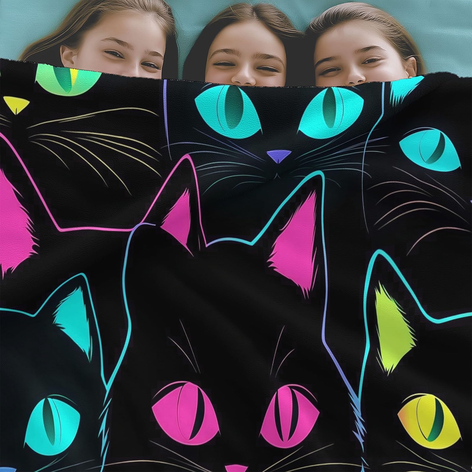 Generico Plaid Coperta Pile Nero Bambini Ragazzi Ragazze Plaid Pile Gatto Al Neon Dei Cartoni Animati Coperte Flanella, 220 x 240 cm Letto e Divano Blanket Peluche Morbida e Calda