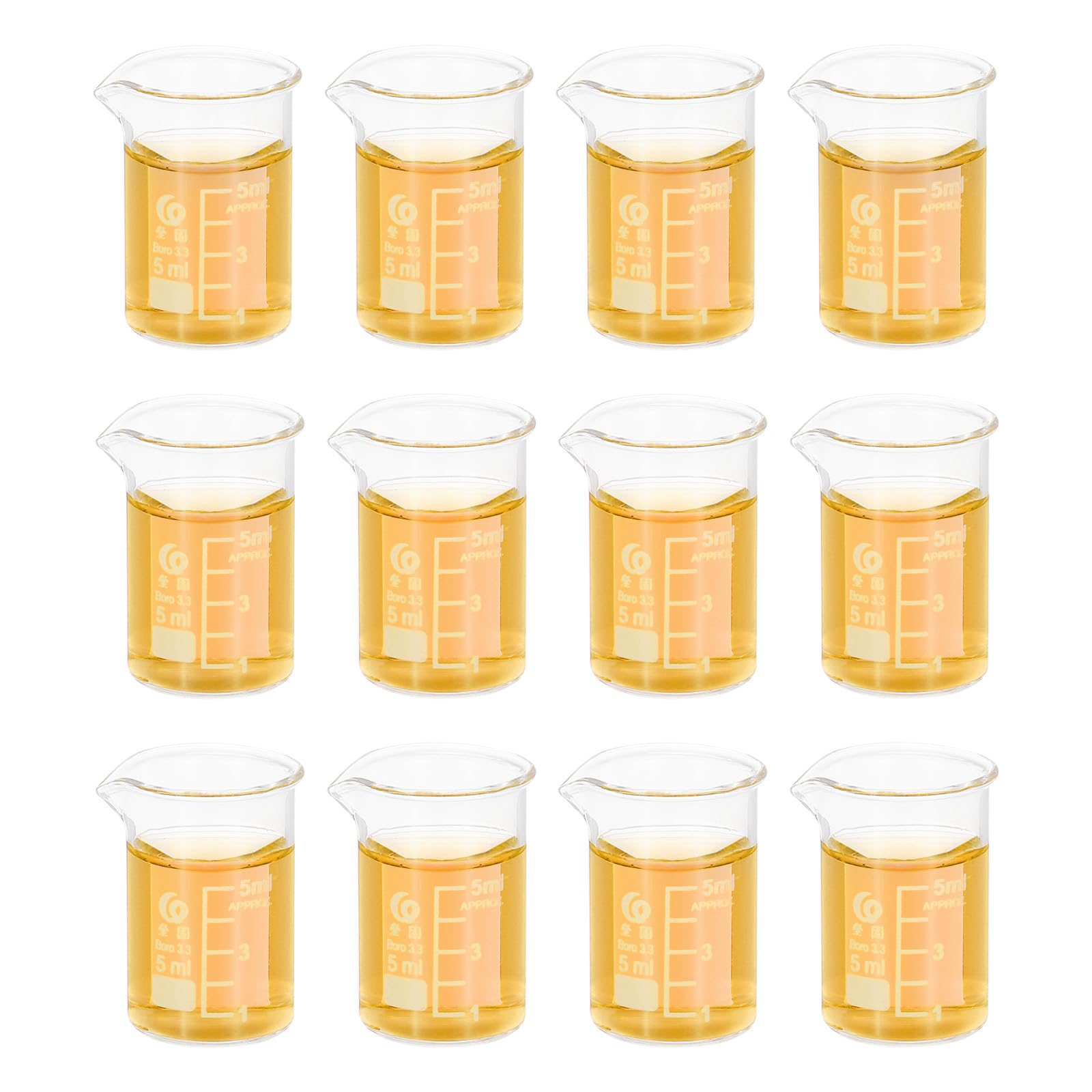 PATIKIL 5ml Low Form Measuring Cup, 16 Pcs 3.3 Borosilicate Glass Beaker Graduated Measuring Pitcher with Spout for Lab Experiment, Cooking and Baking, Clear