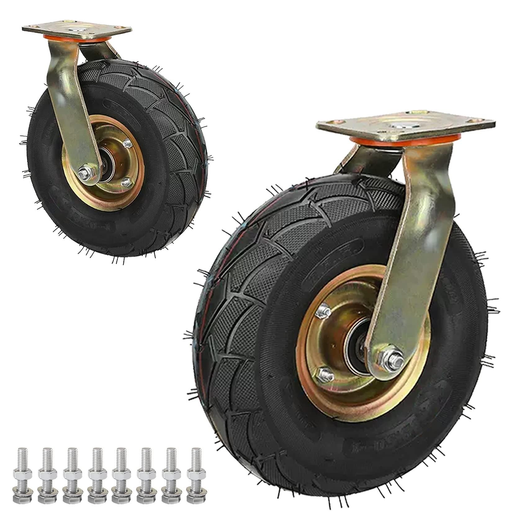 ZGUOUZANTYE Heavy Duty Castor Wheels Set Of 2 8 10 Inch Pneumatic Rubber Caster Fixed Swivel Brakes 250lbs Load Capacity Commercial Industrial(Swivel,Ø250mm/10in)
