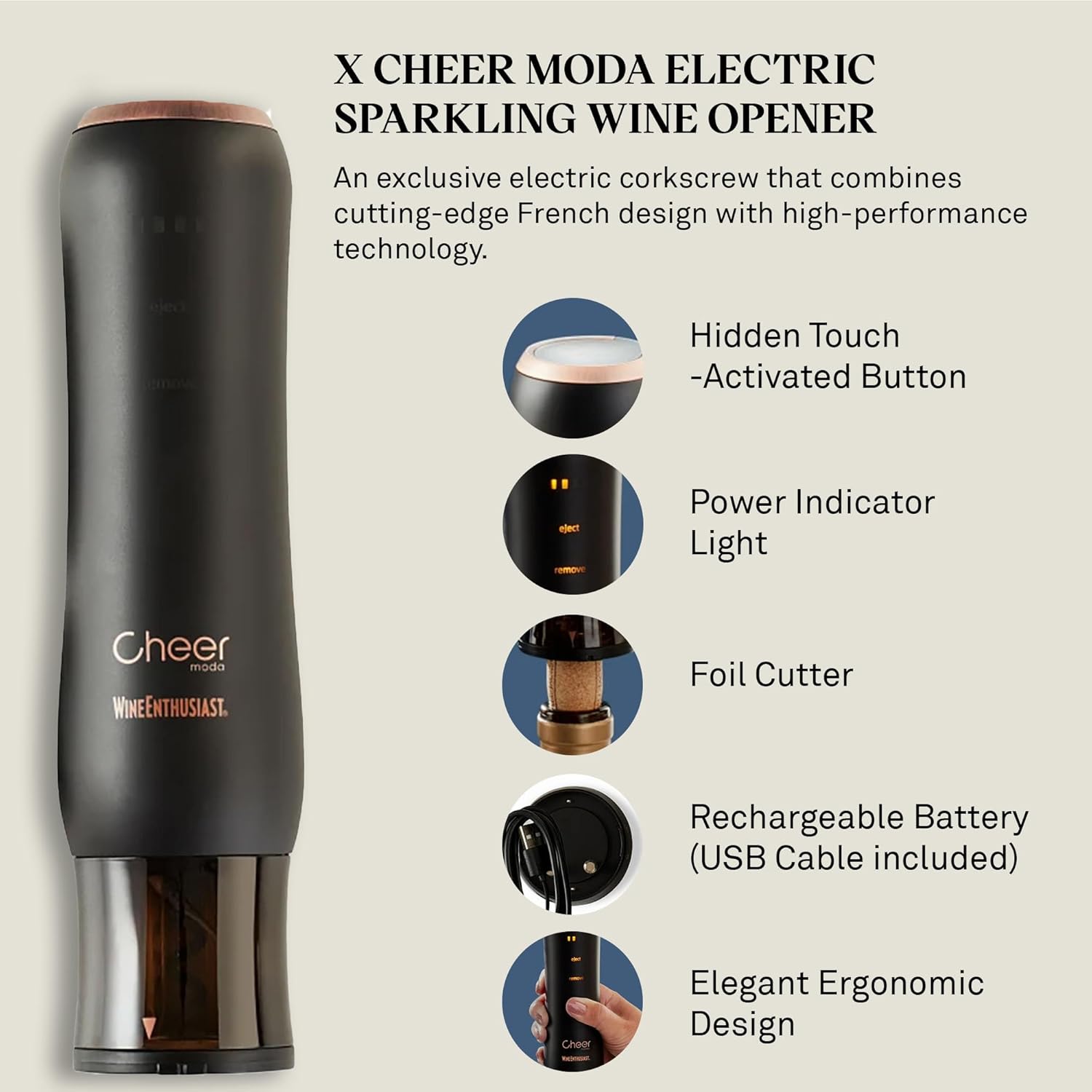 Wine Enthusiast x Cheer Moda Automatic Wine Opener – Electric Corkscrew with Hidden Touch Button, USB Charger & Foil Cutter – Rechargeable Sleek Wine Bottle Opener Gift Set – Modern French Design