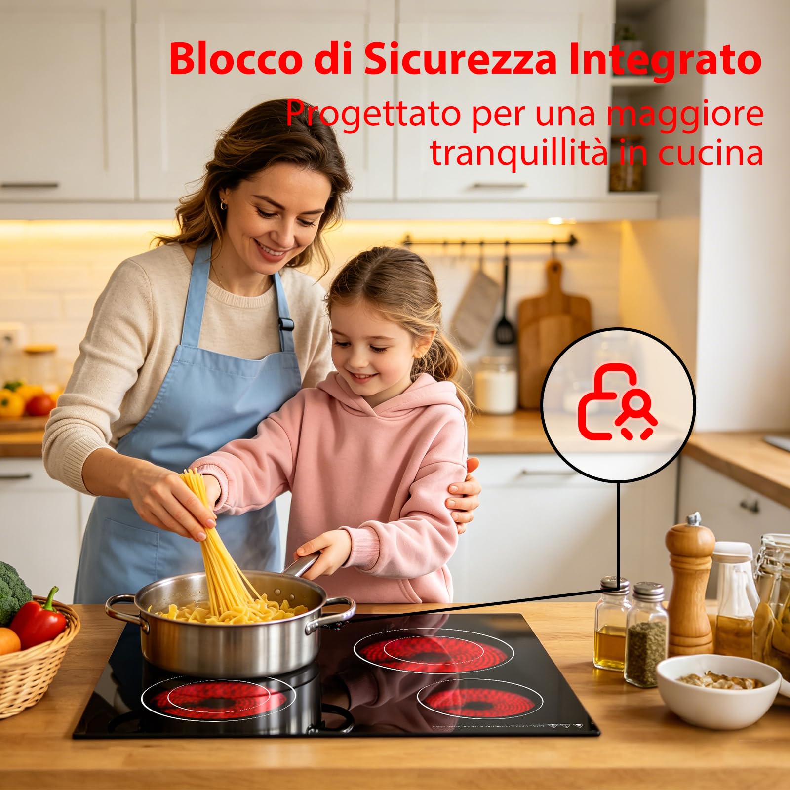 Piano Cottura in Vetroceramica 60 cm, 4 Zone, 6700W, Comandi Touch, Timer, Blocco Bambini, Superficie in Vetro Nero, Compatibile con Tutte le Pentole, Collegamento Fisso