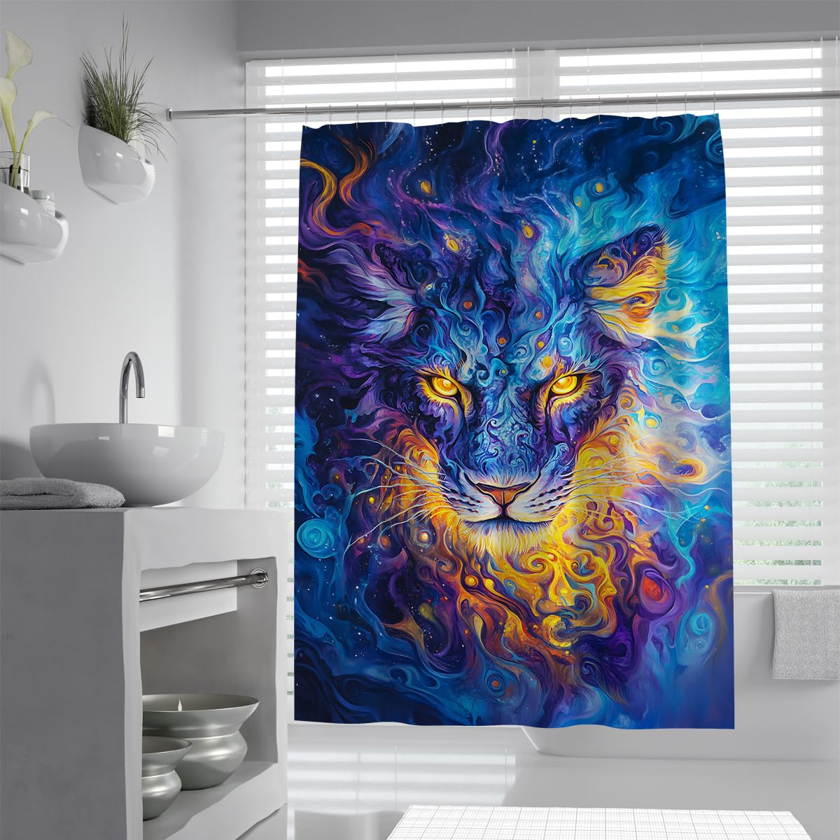 UIRINGART Psychedelic Lion Shower Curtain W160xL200cm Vibrant Swirl Wildlife Print Polyester Anti-mould Lightweight Machine Washable Hotel Bath Curtain with Hooks