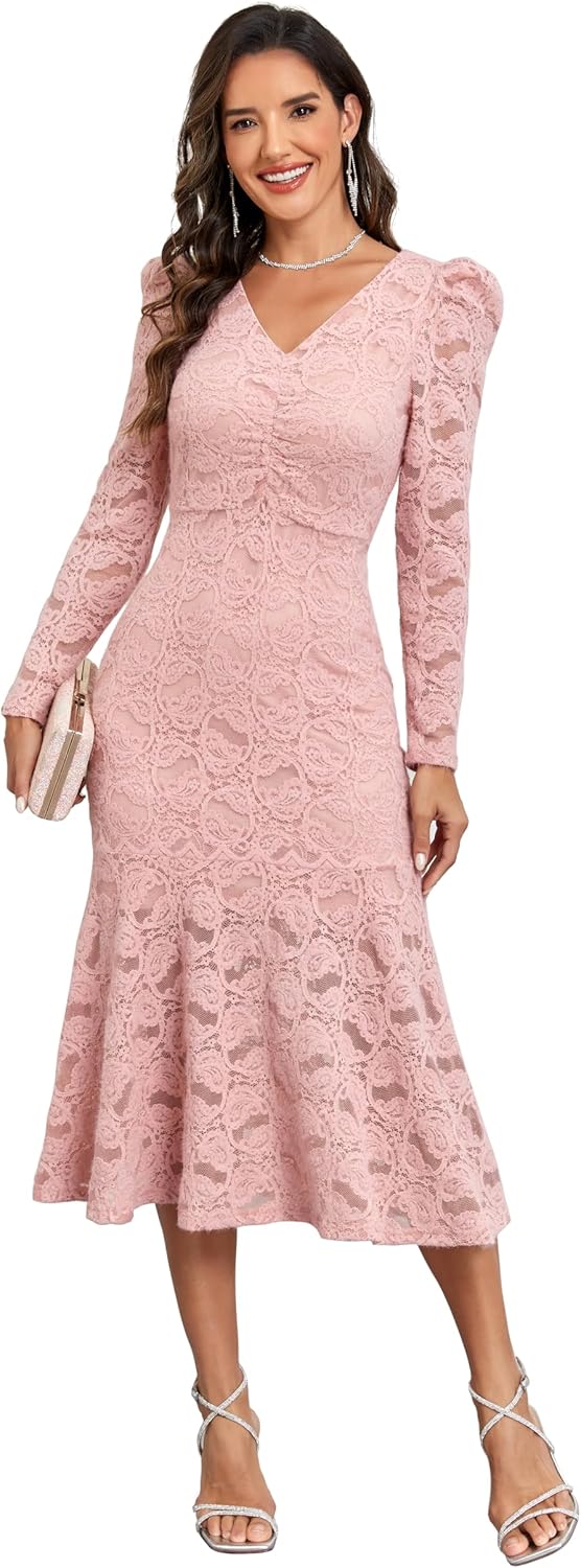 SITELUOYG Women's Lace Long Sleeve Mermaid Dress V Neck Cocktail Wedding Guest Ruffle Formal Dresses