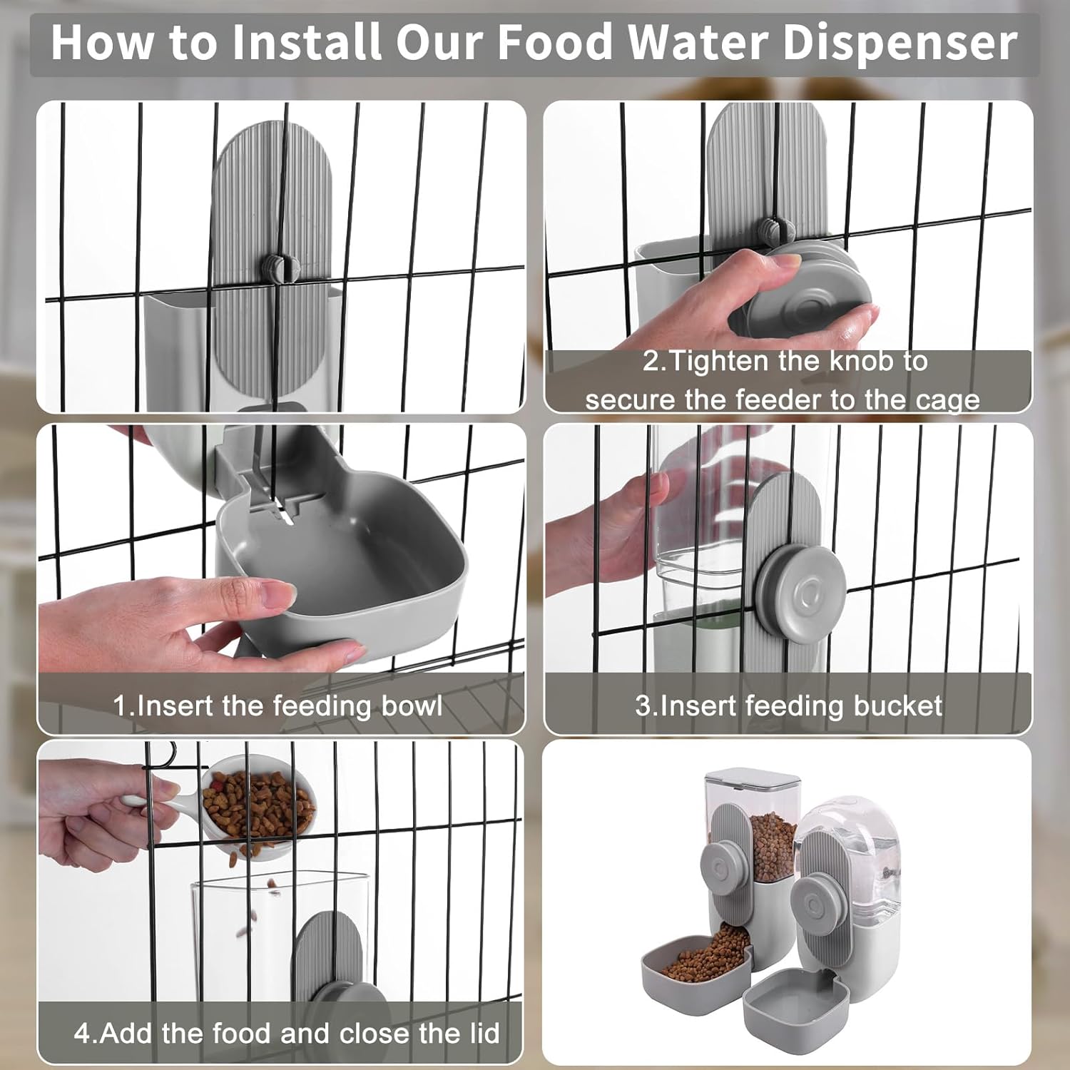 Lemtrflo Hanging Automatic Rabbit Feeder for Cage,Dog Cat Food and Water Dispenser,Rabbit Water Bottle Guinea Pig Food Bowl Set,Gravity Feeder for Cats Dogs (Gray)