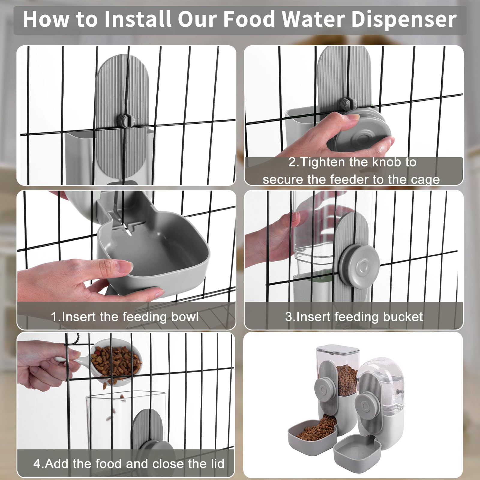 Lemtrflo Hanging Automatic Rabbit Feeder for Cage,Dog Cat Food and Water Dispenser,Ferret Food Dispenser,Rabbit Water Bottle Guinea Pig Food Bowl Set,Gravity Feeder for Cats Dogs (Gray)