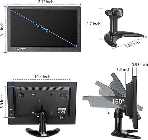 Miniatura 8 de Monitor de seguridad de 13.3 pulgadas, monitor LED de 1366 x 768, pequeño monitor HDMI con control remoto altavoces integrados, mini monitor HDMI,