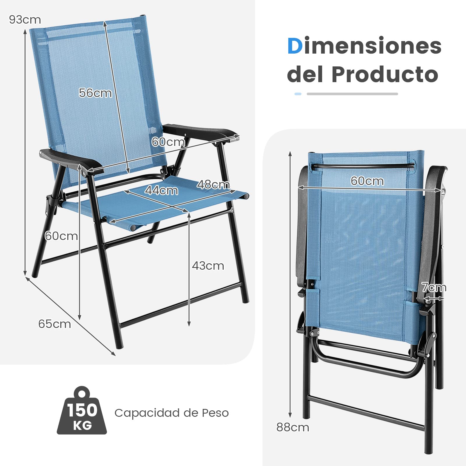 COSTWAY Set de 2 Sillas de Jardin Plegable, Silla Plegable Camping con Respaldo de Tela y Resabrazos, 2 Sillas Terraza Exterior, 65 x 60 x 93 cm, Terraza, Patio Trasero, Piscina Camping (Azul)