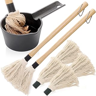 Cast Iron Sauce Pot and BBQ Mop Brush Set for Grilling, 7 Pcs Barbecue Accessories Include Basting Melting Saucepan, Wooden Sauce Mop with 4 Replacements for Meat Smoker, Grill, Stove