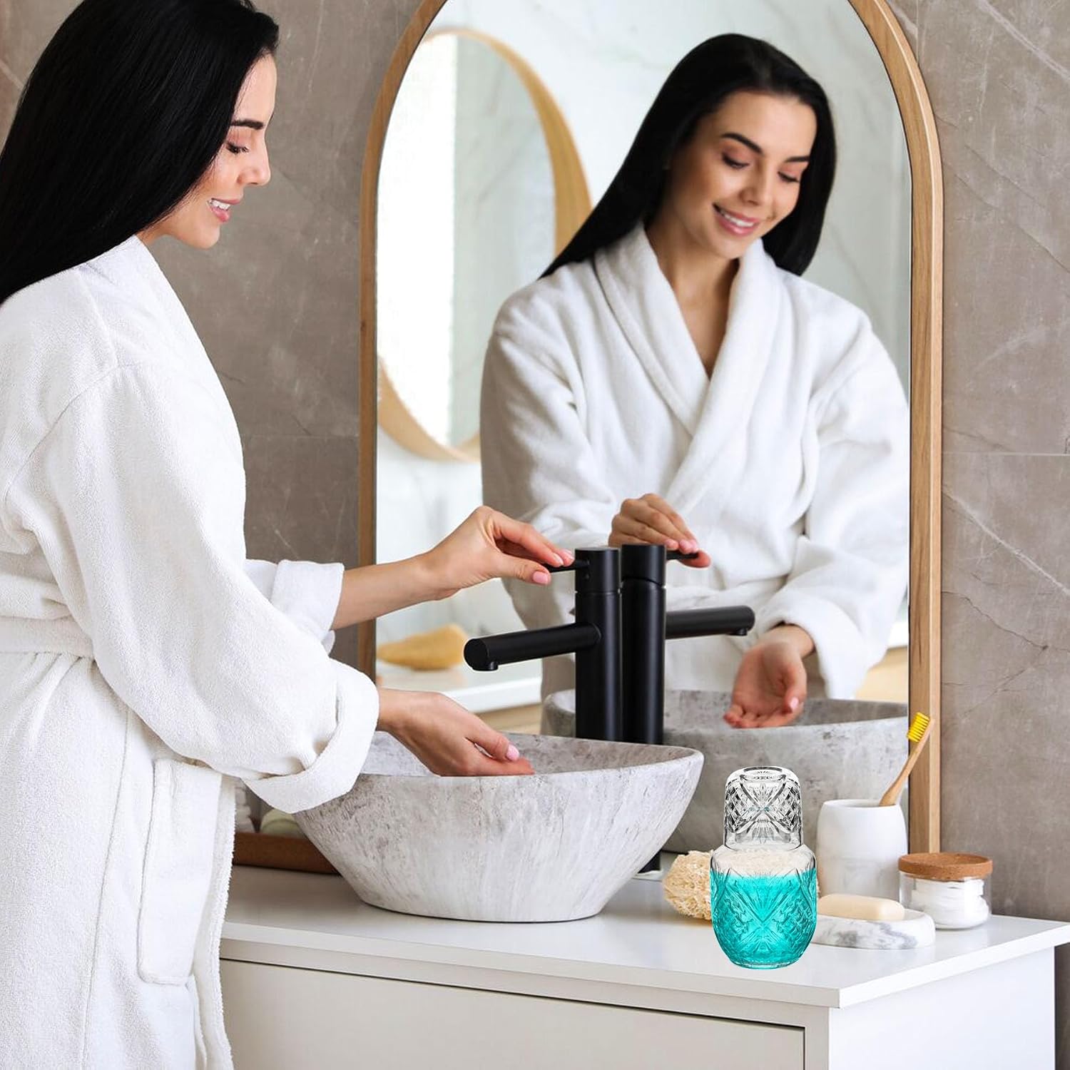 Bedside Water Carafe with Cup, Modern Water Pitcher Set for Bedroom Nightstand, Bedside, Ticked Glass Mouthwash Decanter for Bathroom (18.5 oz, Clear)