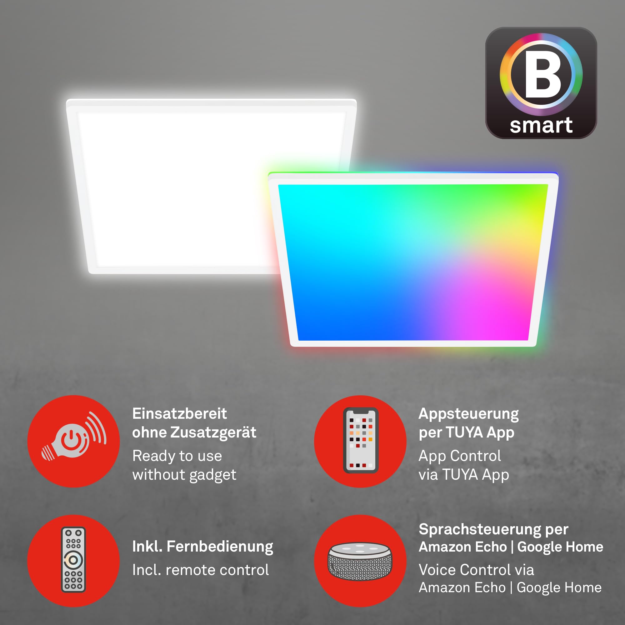 BRILONER - LED Deckenlampe flach Smart Home, funktioniert mit Alexa, buntes RGB+W Licht, Lampe, Deckenleuchte, Wohnzimmerlampe, LED Panel, Schlafzimmerlampe, 42x42x3 cm, Weiß